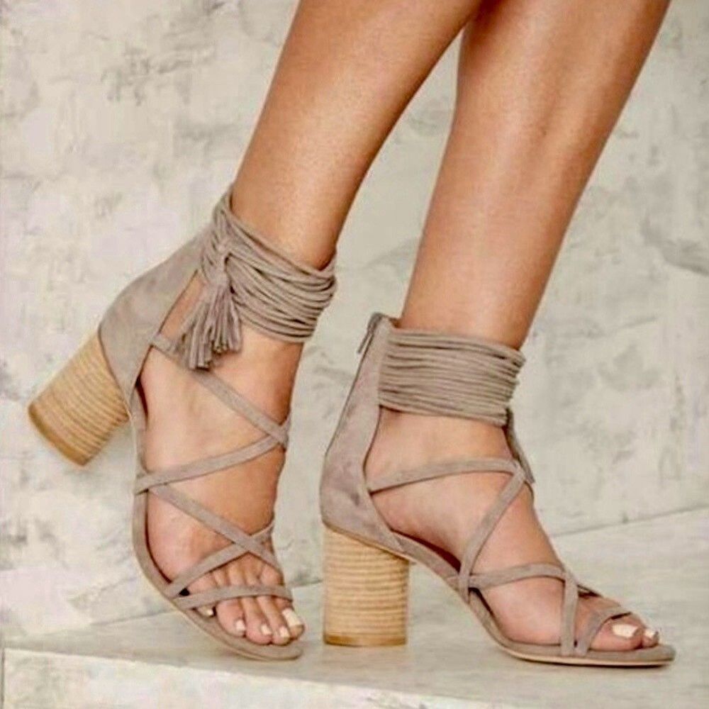 Jeffrey Campbell Despina Strappy Heeled Sandals Taupe Gray Suede Tassel Size 9.5